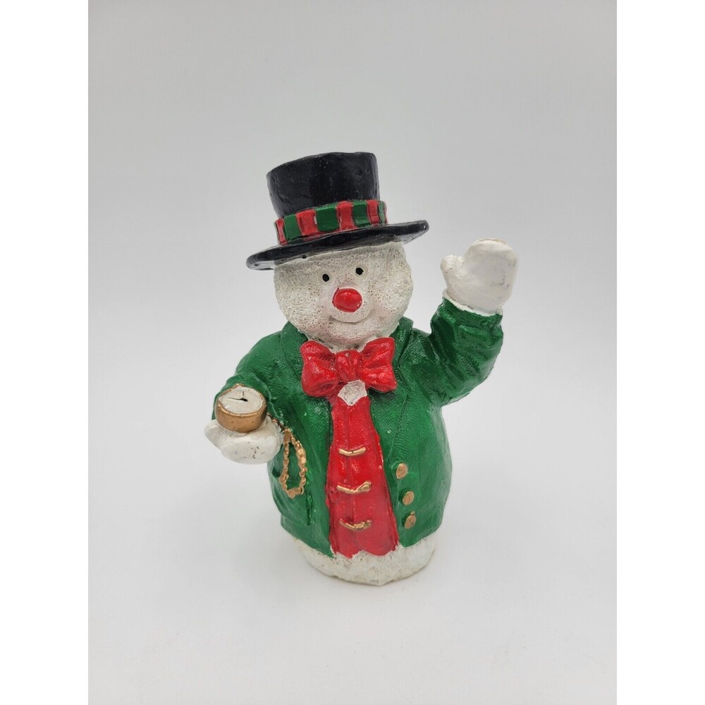 Vintage Hermitage Pottery Snowman Figurine Top‎ Hat Green Coat Pocket Watch 5.5"